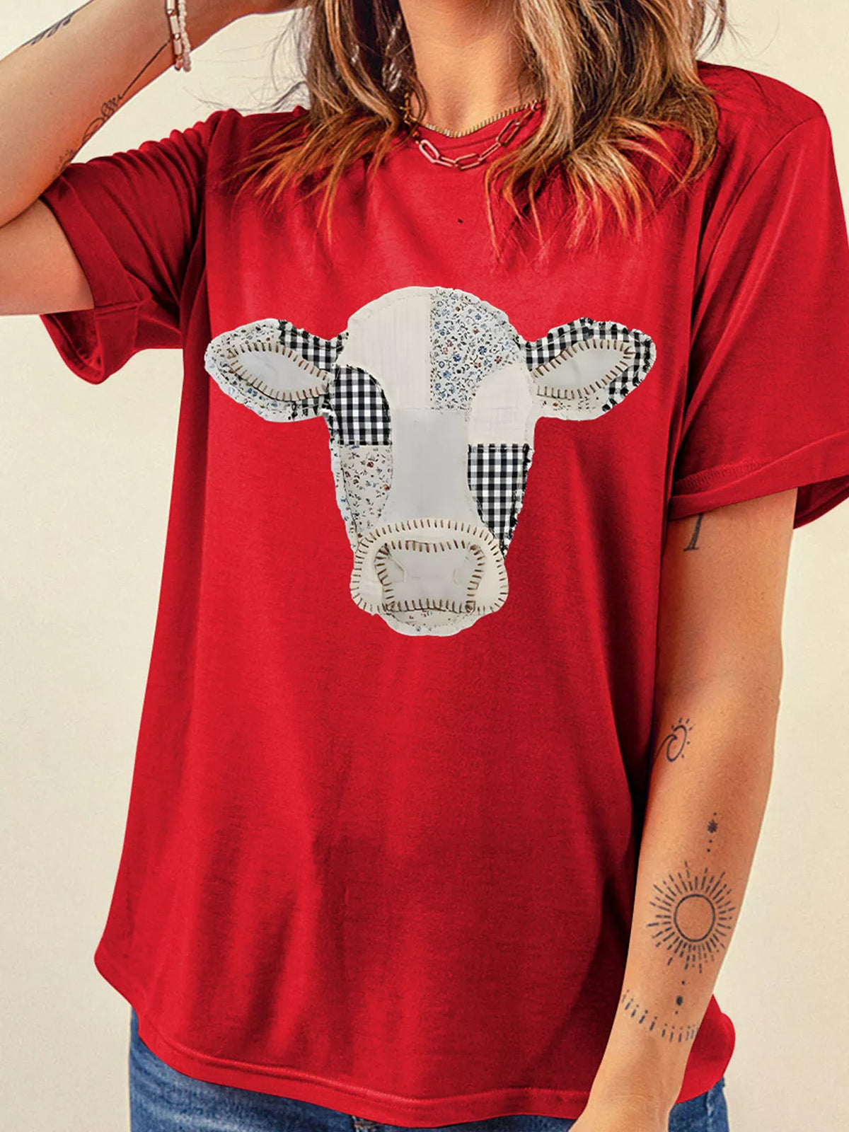 Trendsi Western Patchwork Cow Print Round Neck Casual T Shirt -