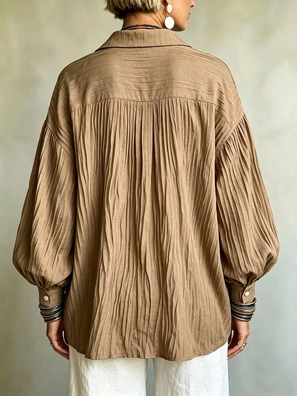 Brown textured blouse, back view
