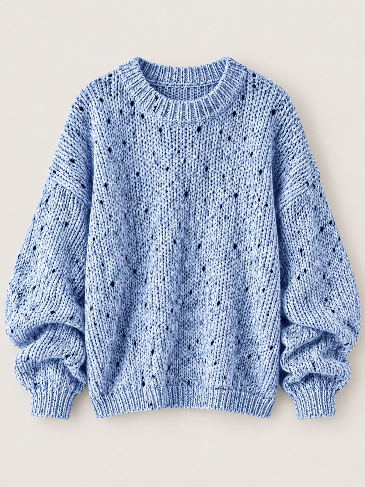Light blue chunky knit round neck sweater, front view
