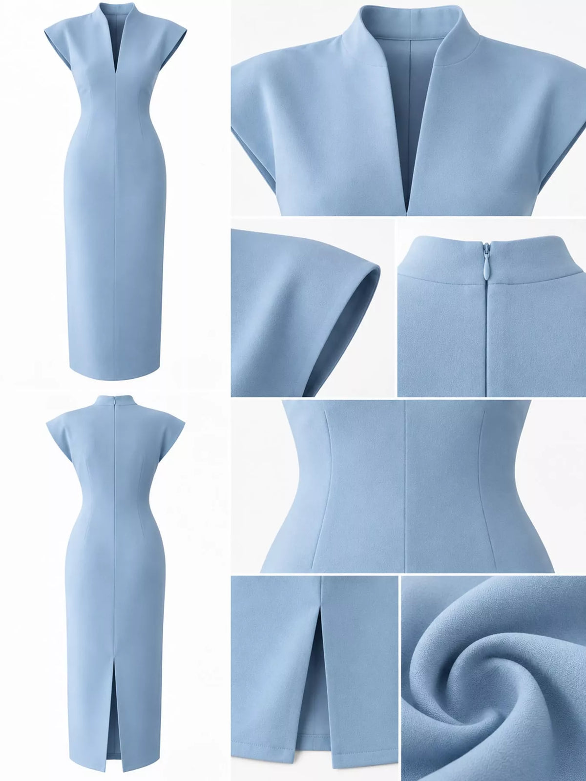 Women's Slit Sleeveless Bodycon Midi Dress in light blue — detail collage view