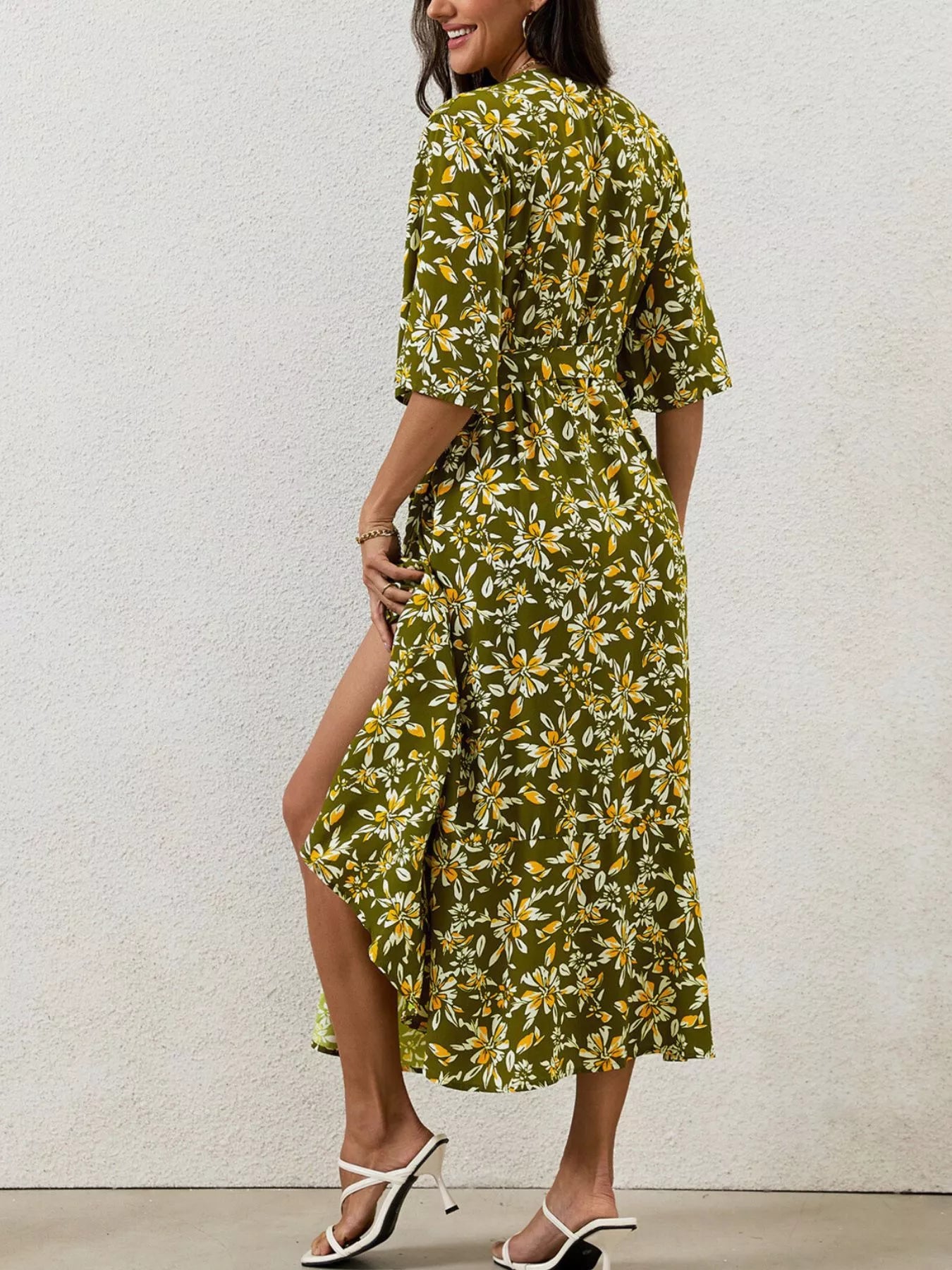 Trendsi Slit Printed Surplice Midi Dress -