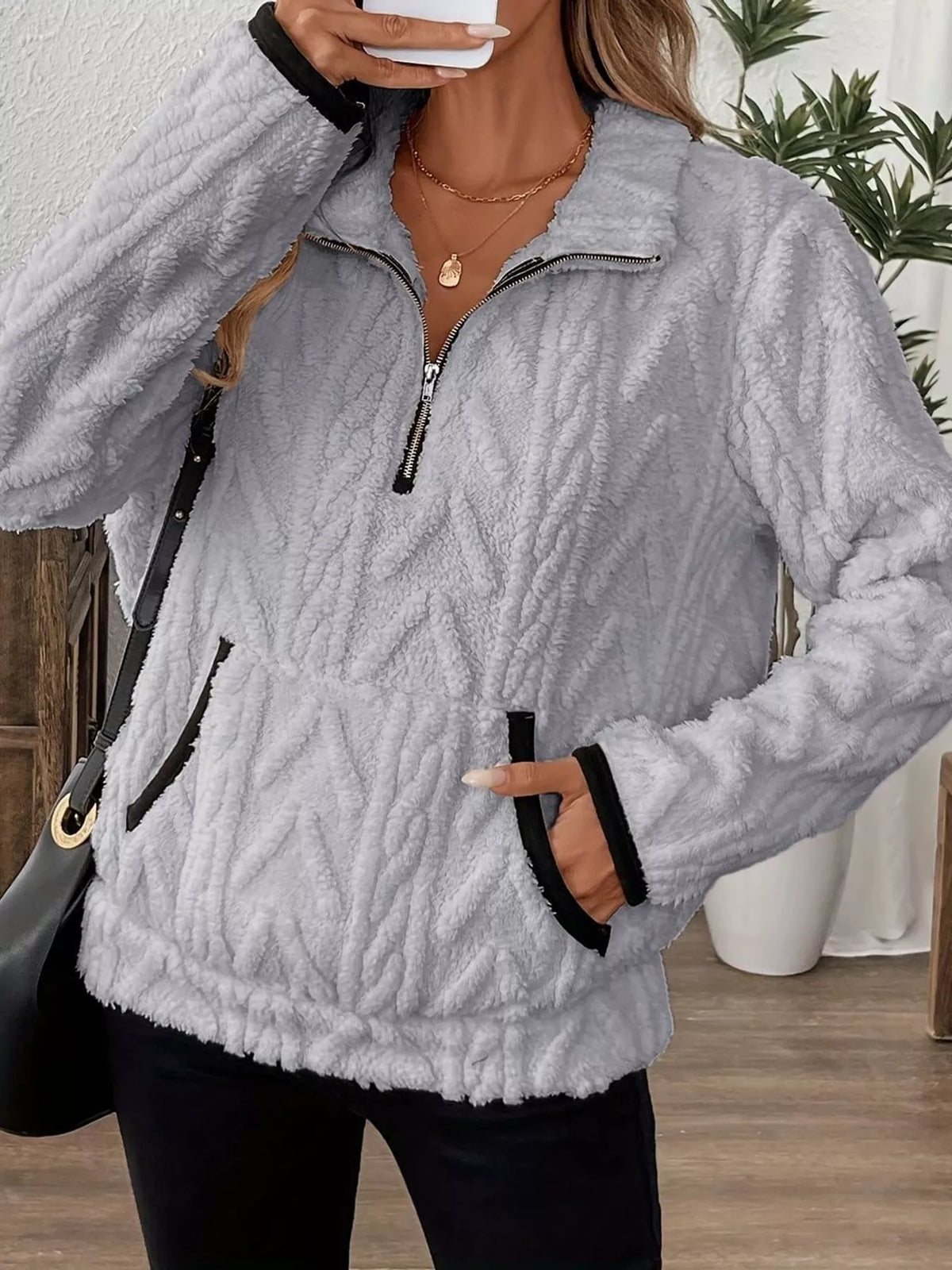 Women's Quarter-Zip Sherpa Sweatshirt in gray — front view