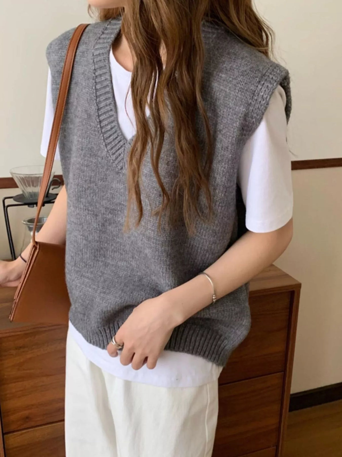 Gray v-neck knit sweater vest