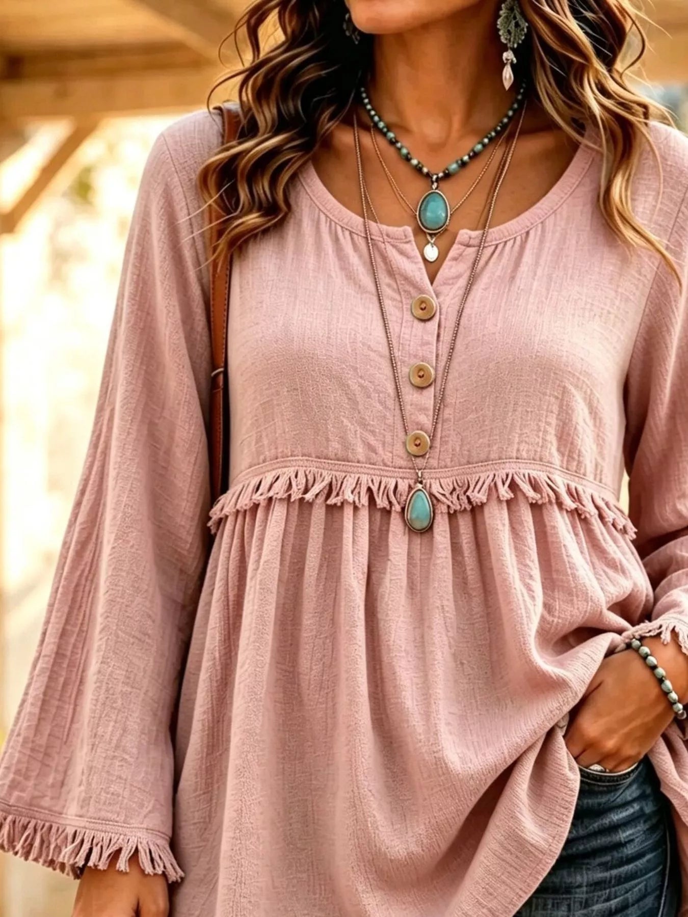 Trendsi Button-Down Detail Fringed Hem Blouse -