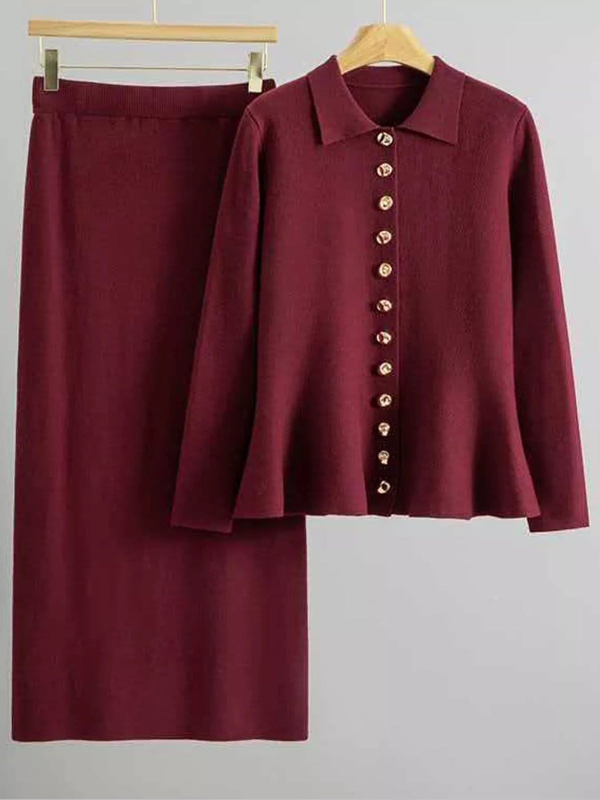 Burgundy cardigan and skirt set, product view
