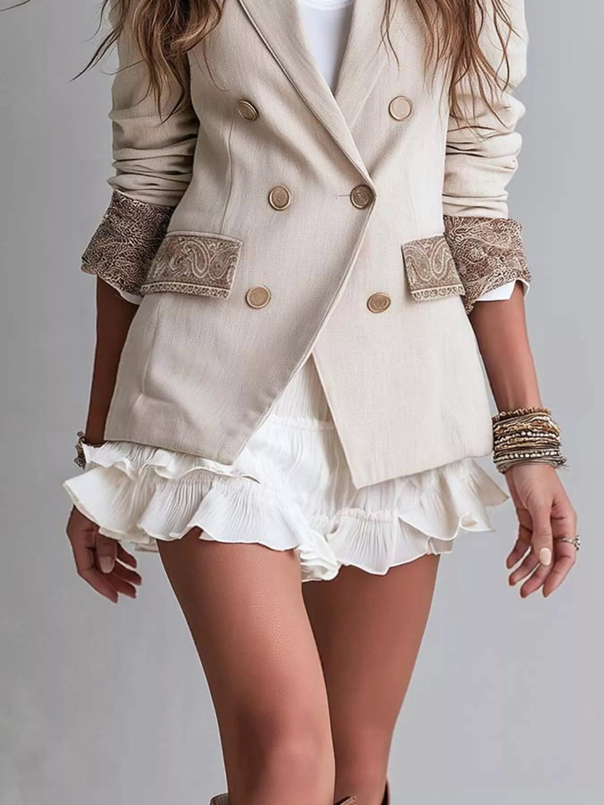 Double-Breasted Lapel Collar Blazer in beige, pocket and cuff detail