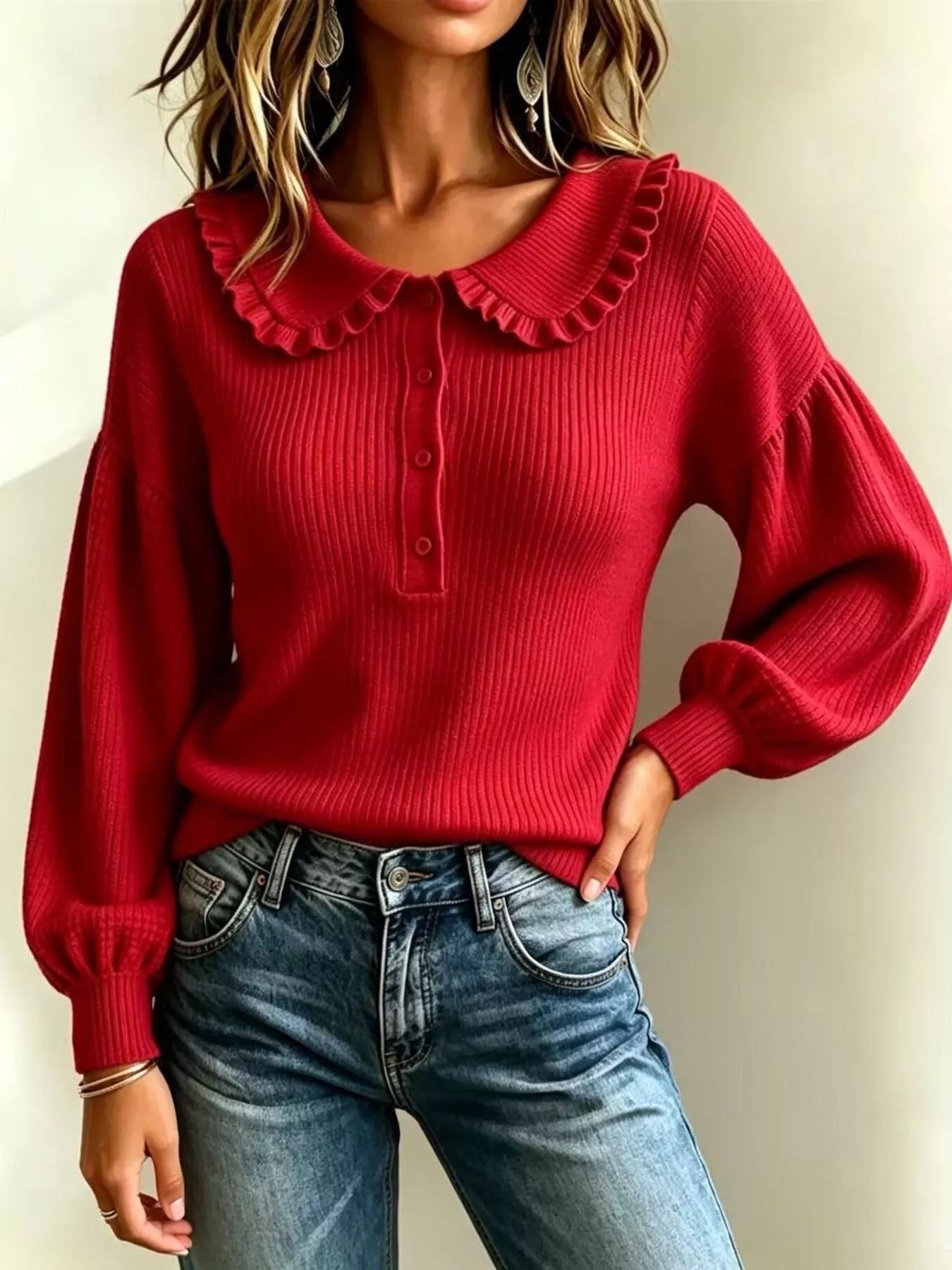 Trendsi Full Size Ruffle Collar Button Detail Sweater Plus Size -