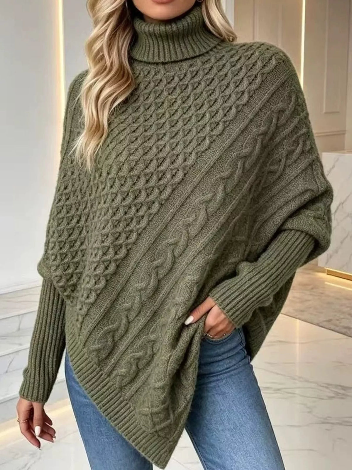 Turtleneck Cable Knit Sweater in army green