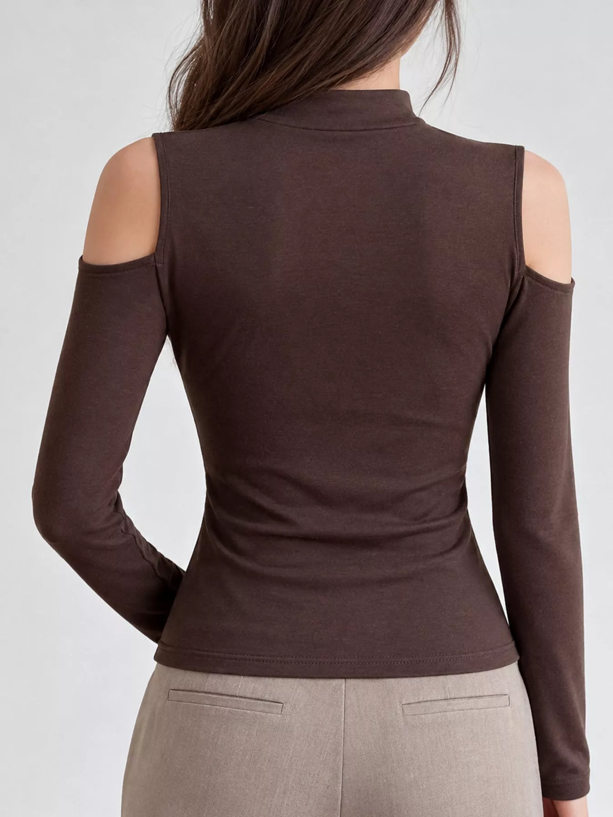 Brown mock neck cold-shoulder t-shirt, back view