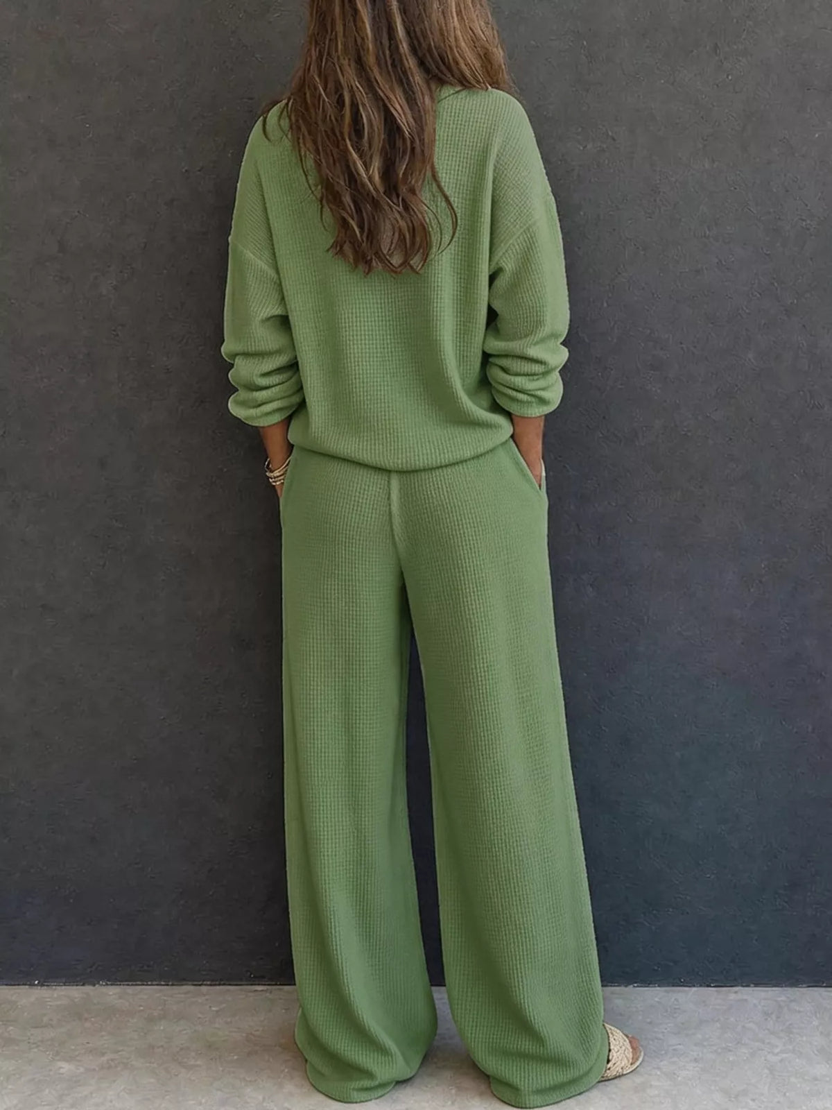 Green waffle knit button detail top and pants set, back view