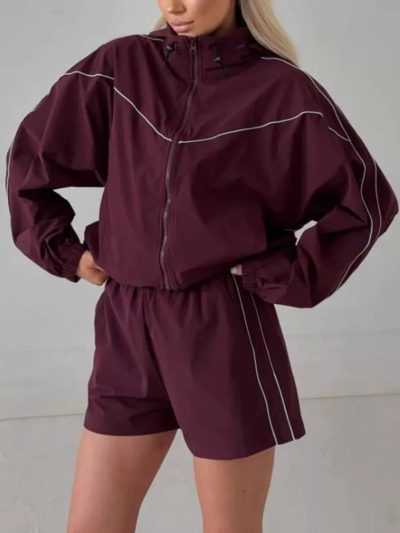 Trendsi Drawstring Zip-Up Jacket and Shorts Set -