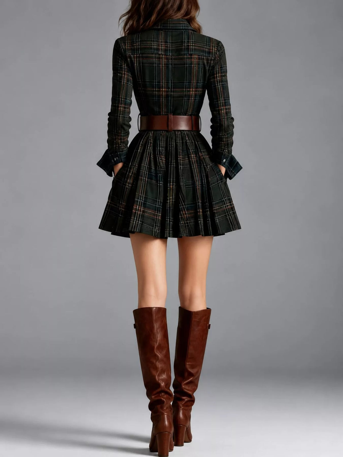 Green plaid shirt dress, back view