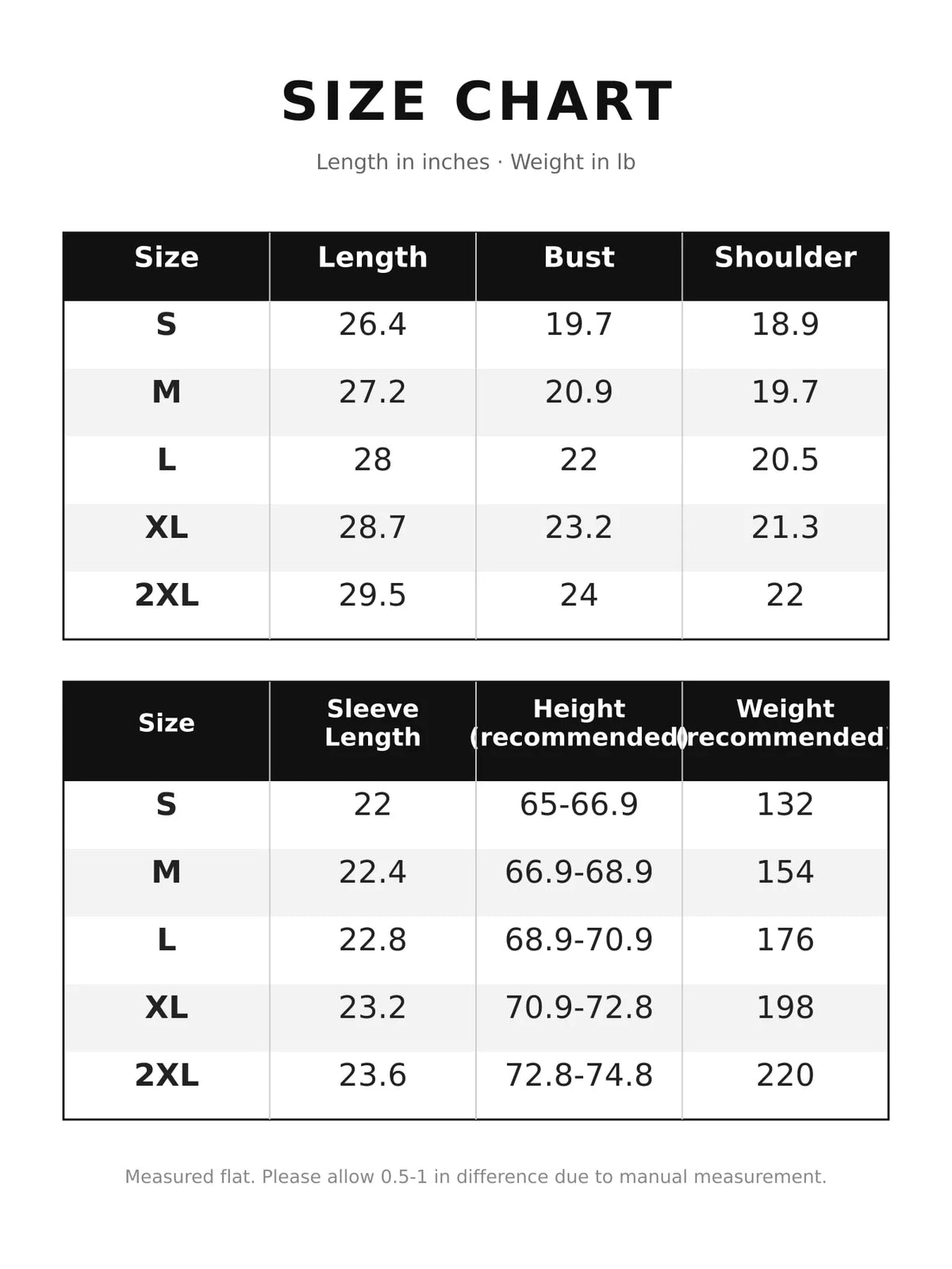 Washed Oversized Long Sleeve T-Shirt — size and measurement chart