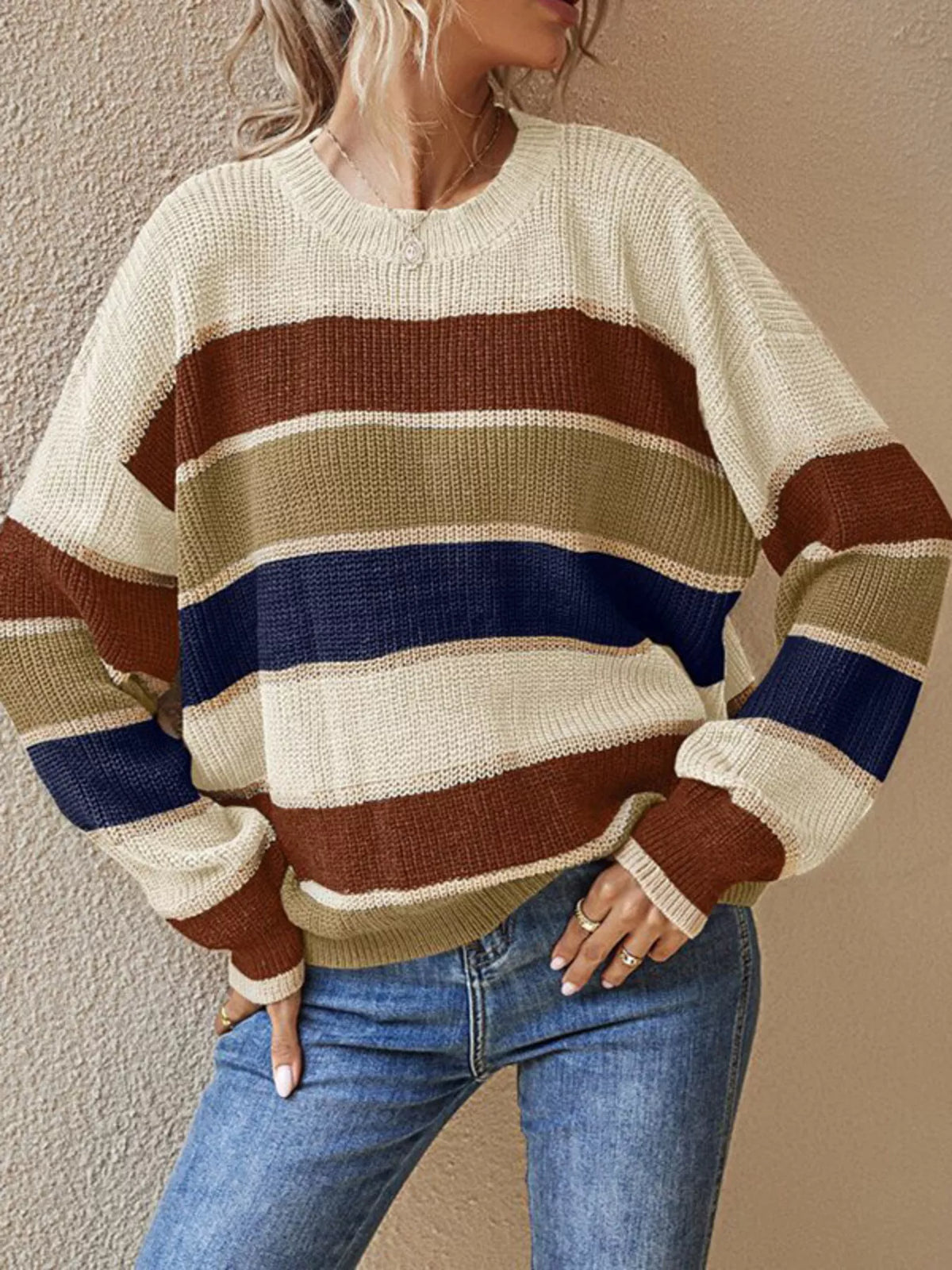 Color Block Striped Crew Neck Sweater in cream with multicolor stripes, front view