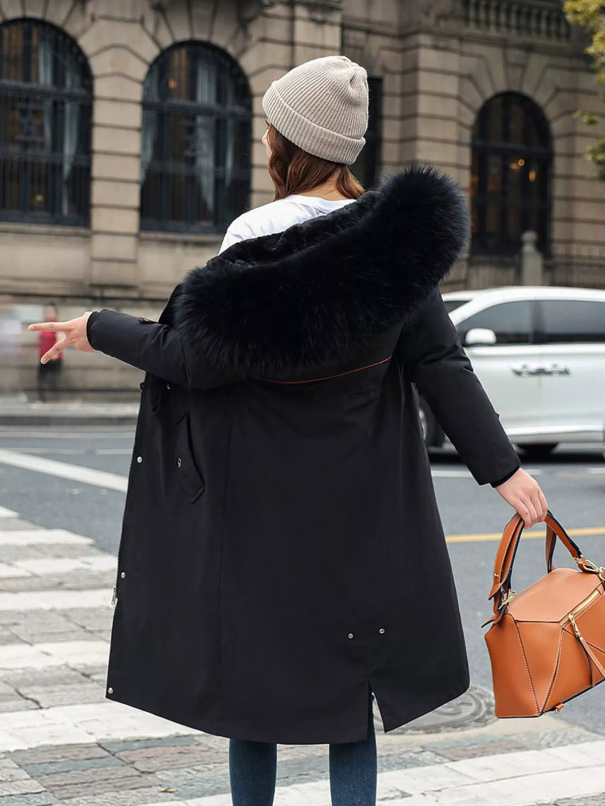 Faux-fur-trim parka, black back