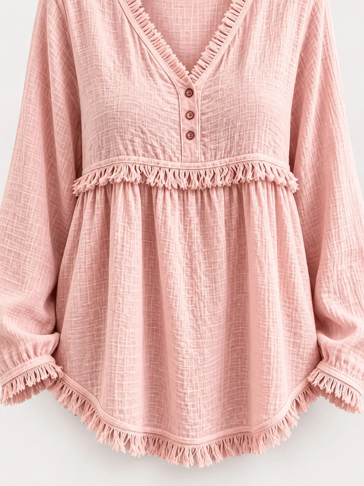 Fringe-trim blouse, blush neckline and hem detail