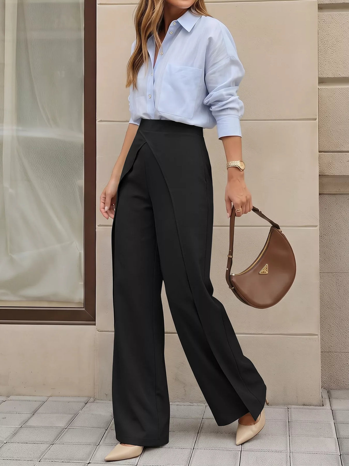Black wide-leg pants with overlap front, side styled view