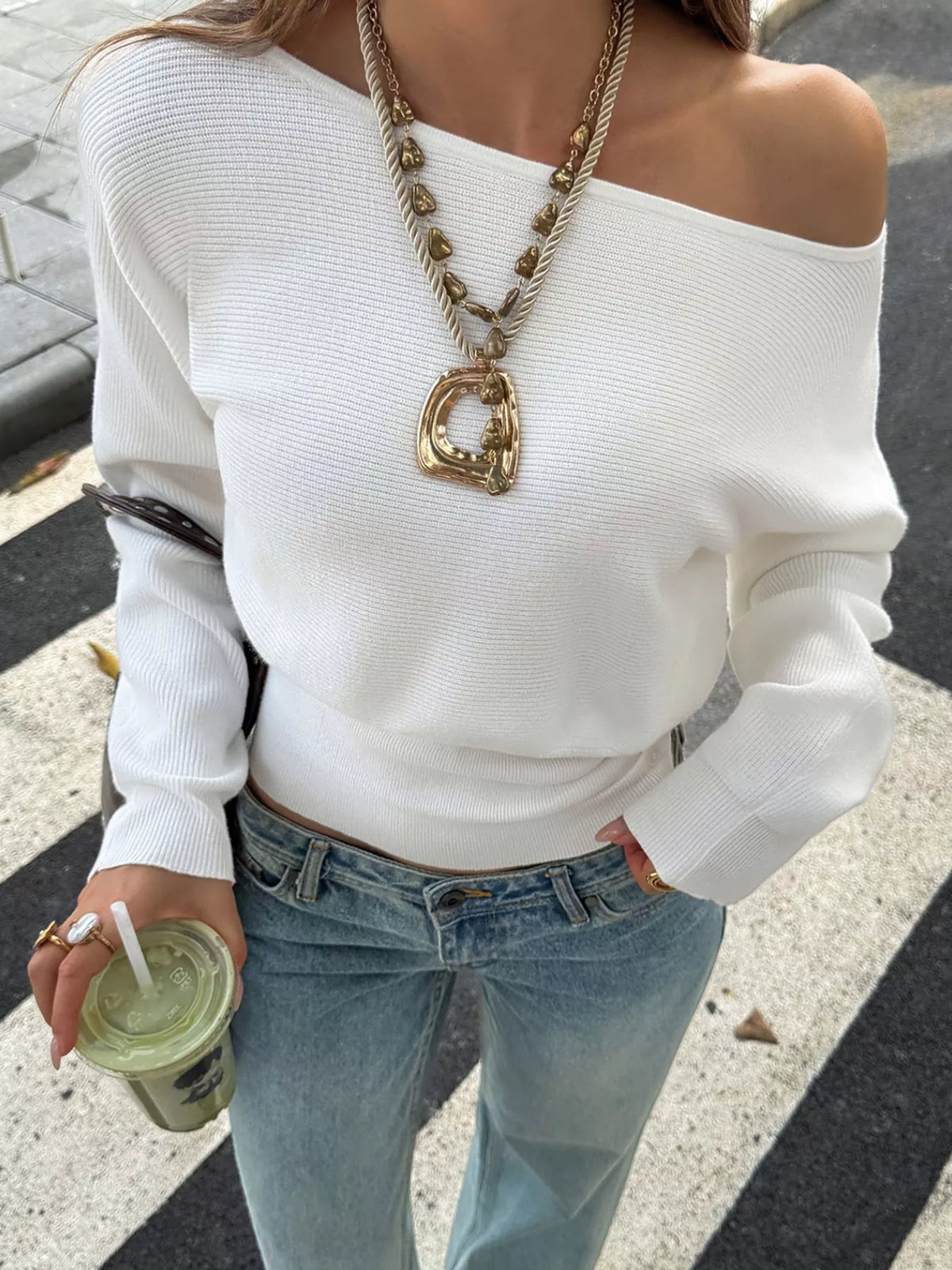 White one-shoulder ribbed knit top