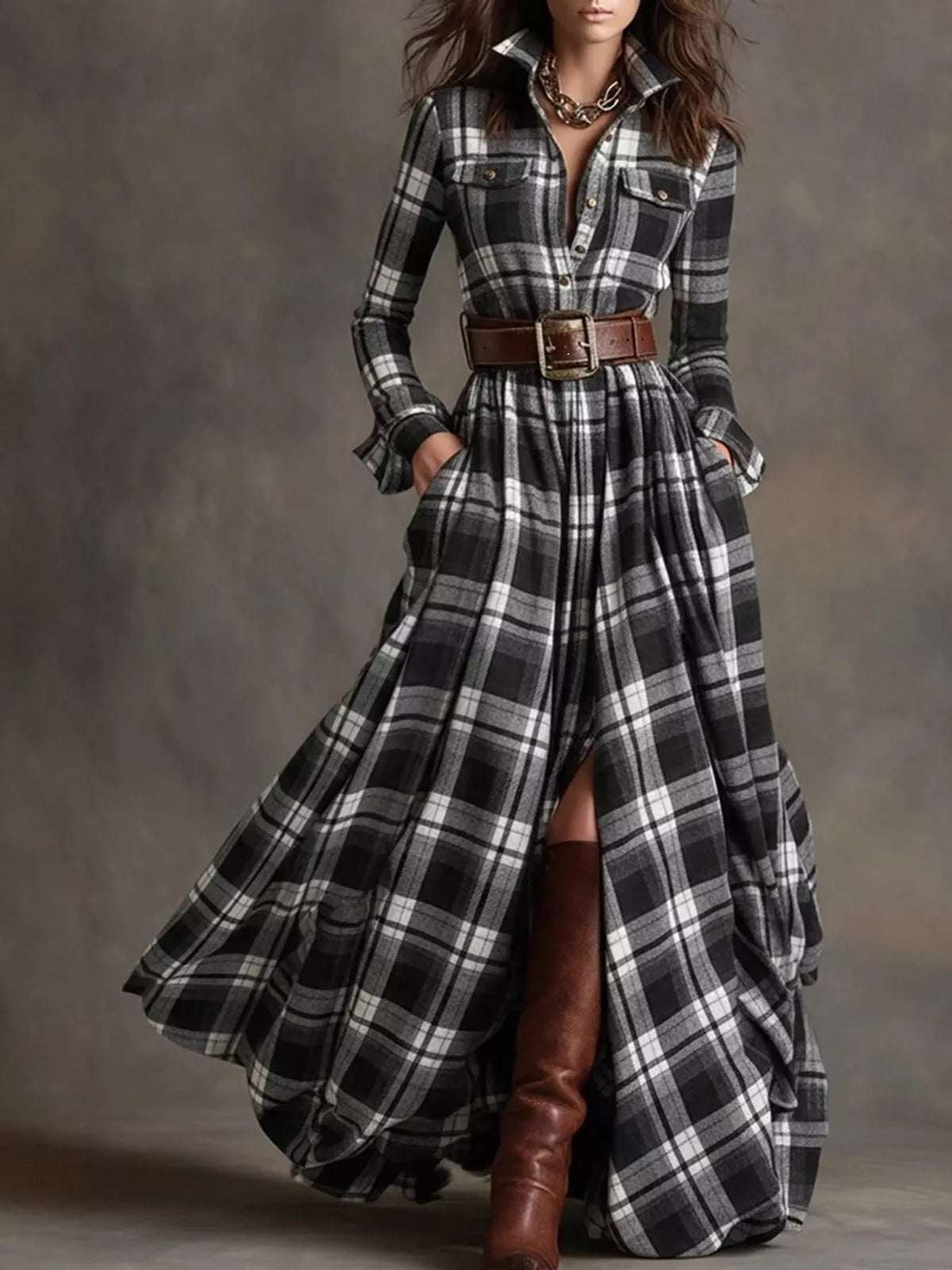 Vintage Plaid Button-Down Maxi Shirt Dress in black
