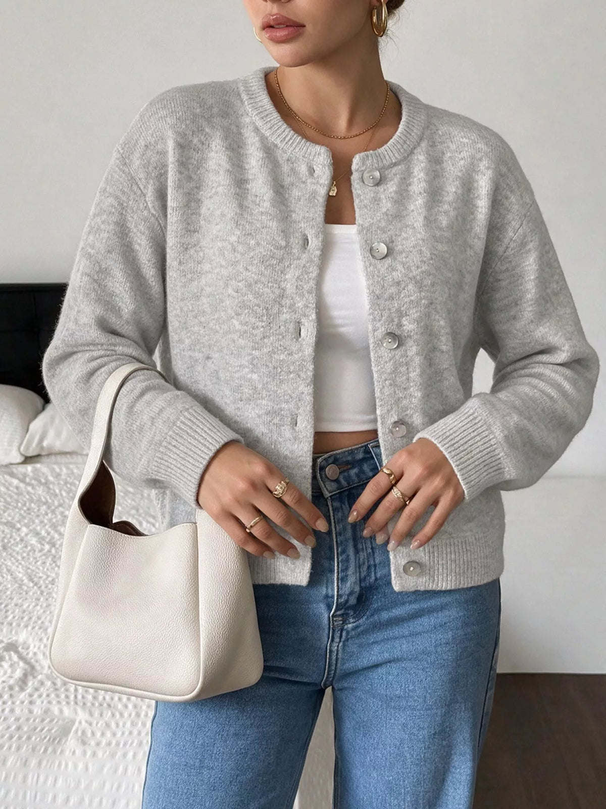 Trendsi Crew Neck Button-Down Cardigan -