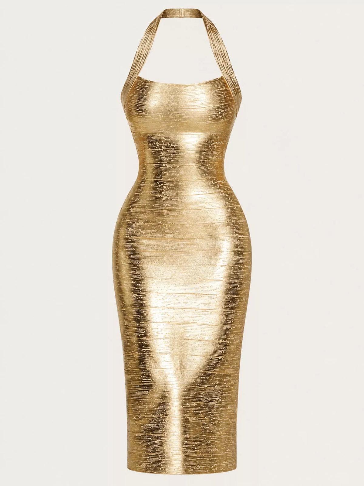 Gold halter neck bodycon dress, front view