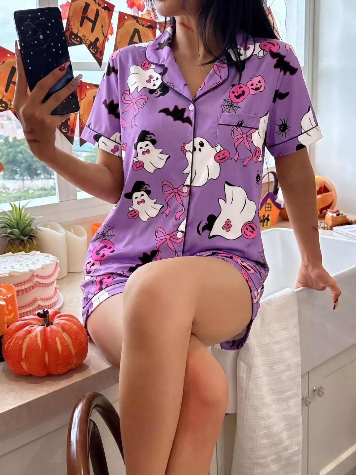Trendsi Halloween Ghost Print Button-Down Top and Shorts Lounge Set -