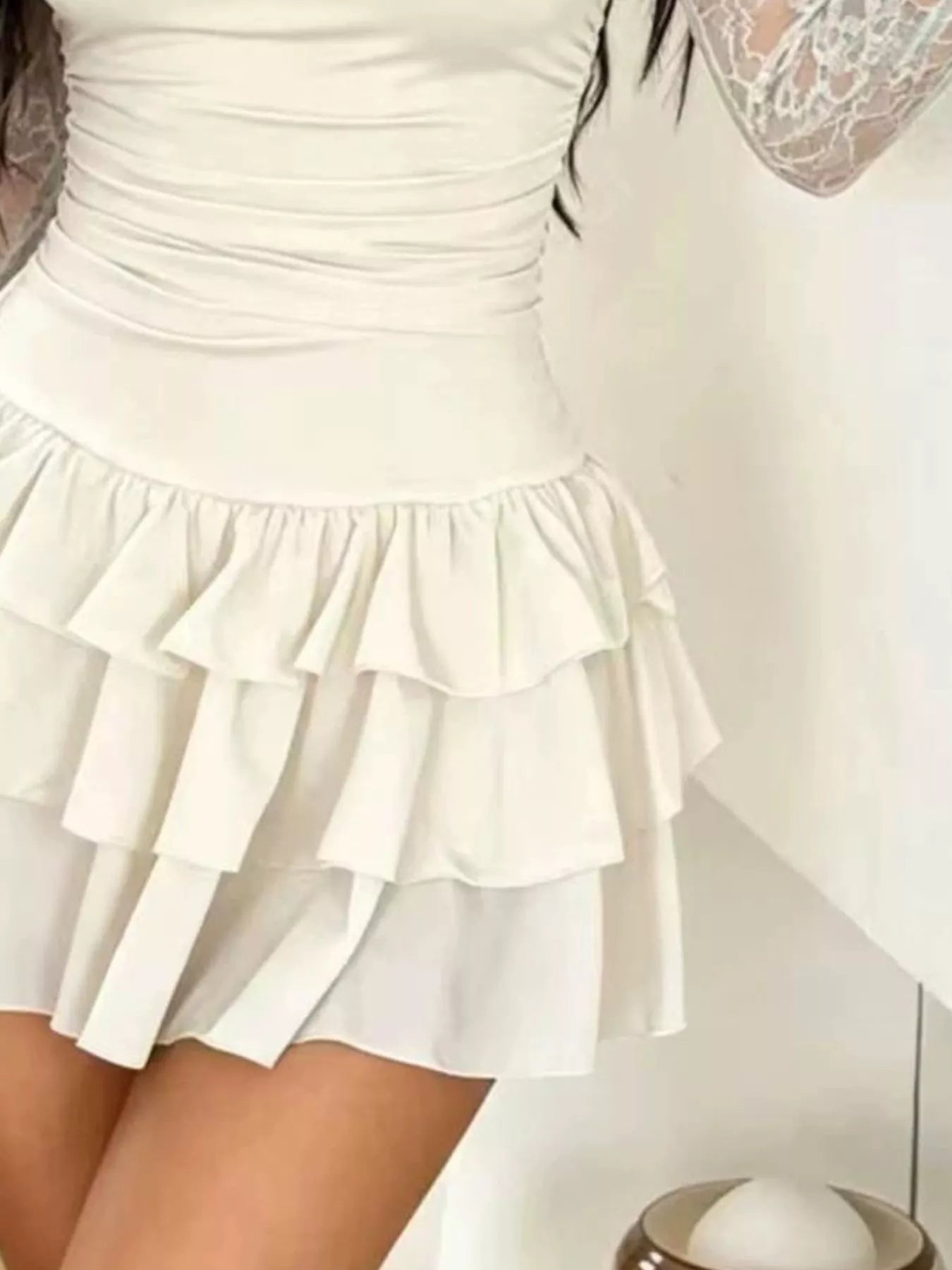 Trendsi Lace Sleeve Ruffle Layered Mini Dress -