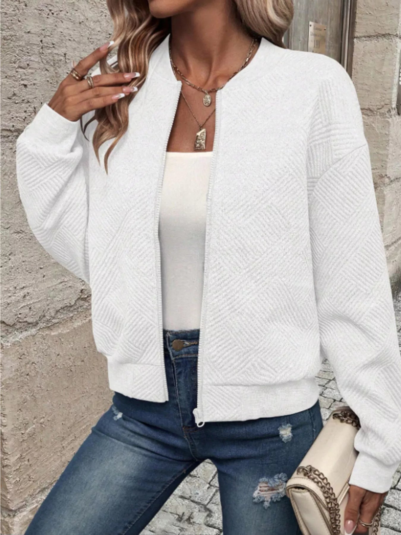 Trendsi Textured Knit Zip-Up Bomber Jacket -