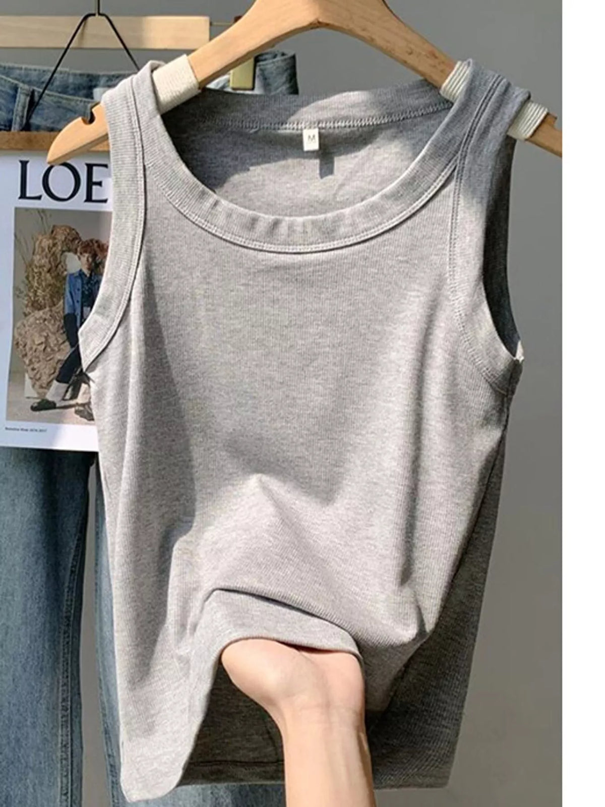 Gray scoop neck tank top, front view