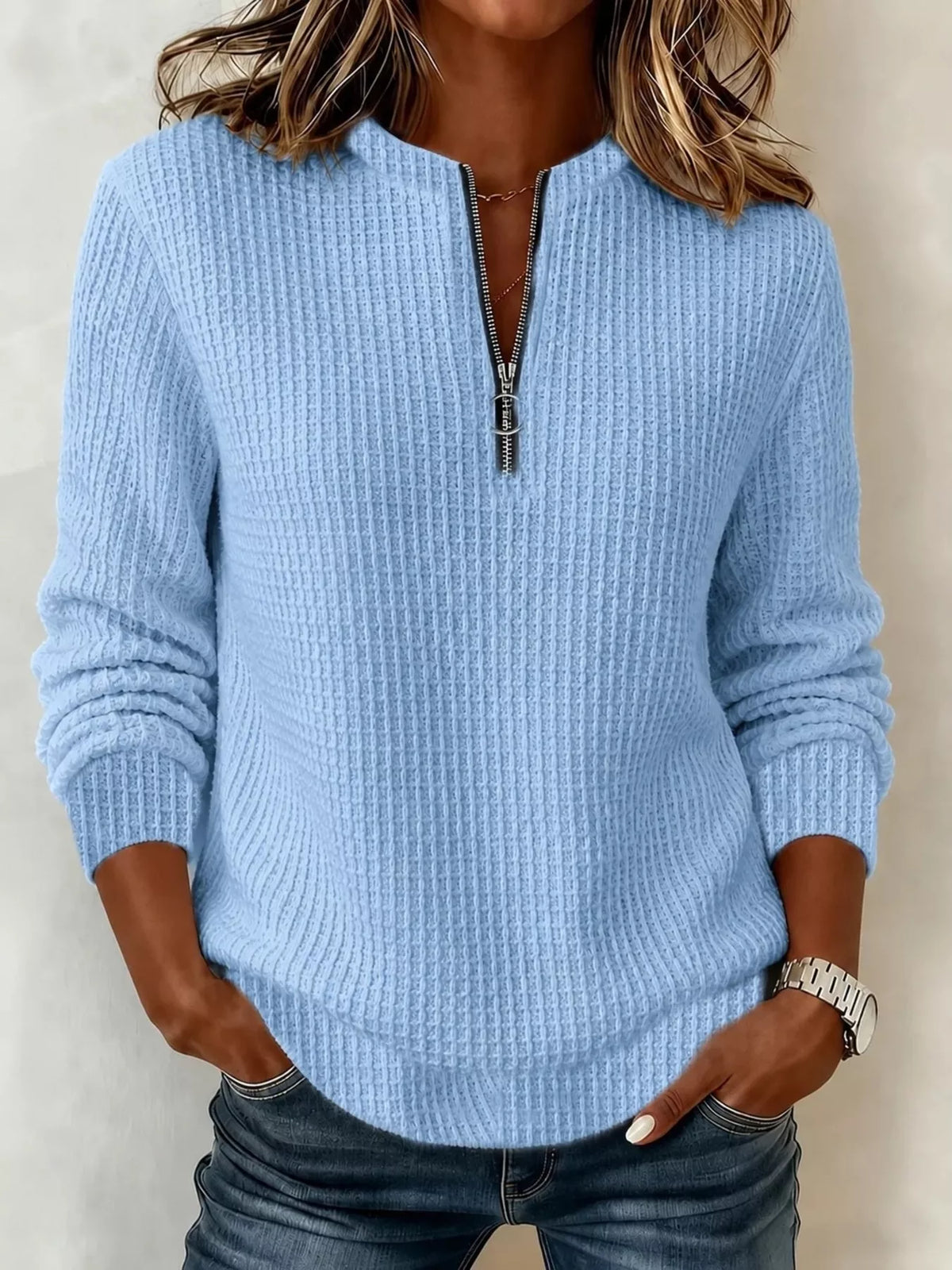 Blue quarter-zip textured sweatshirt