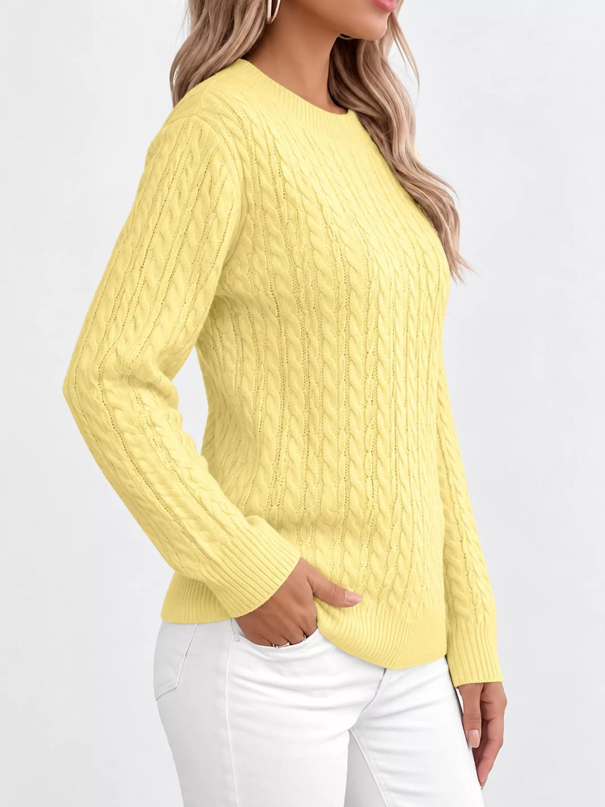 Yellow cable knit round neck sweater