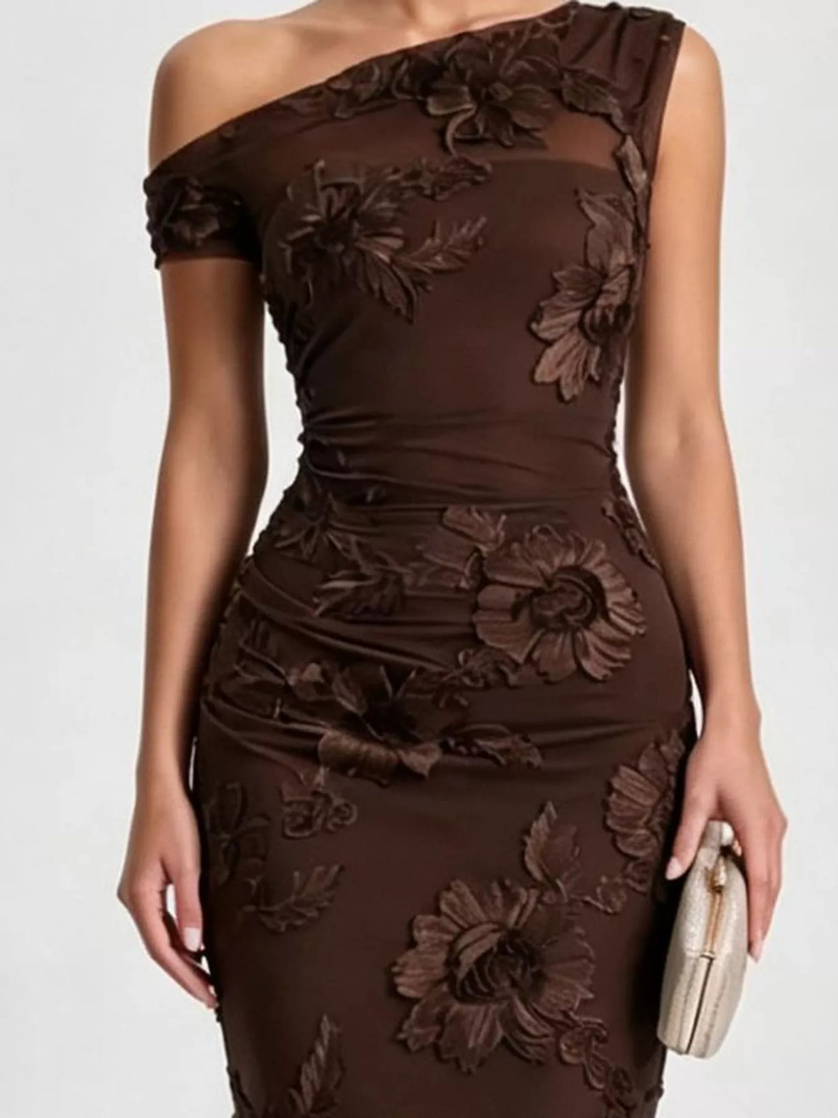 Brown floral one-shoulder maxi dress, bodice detail