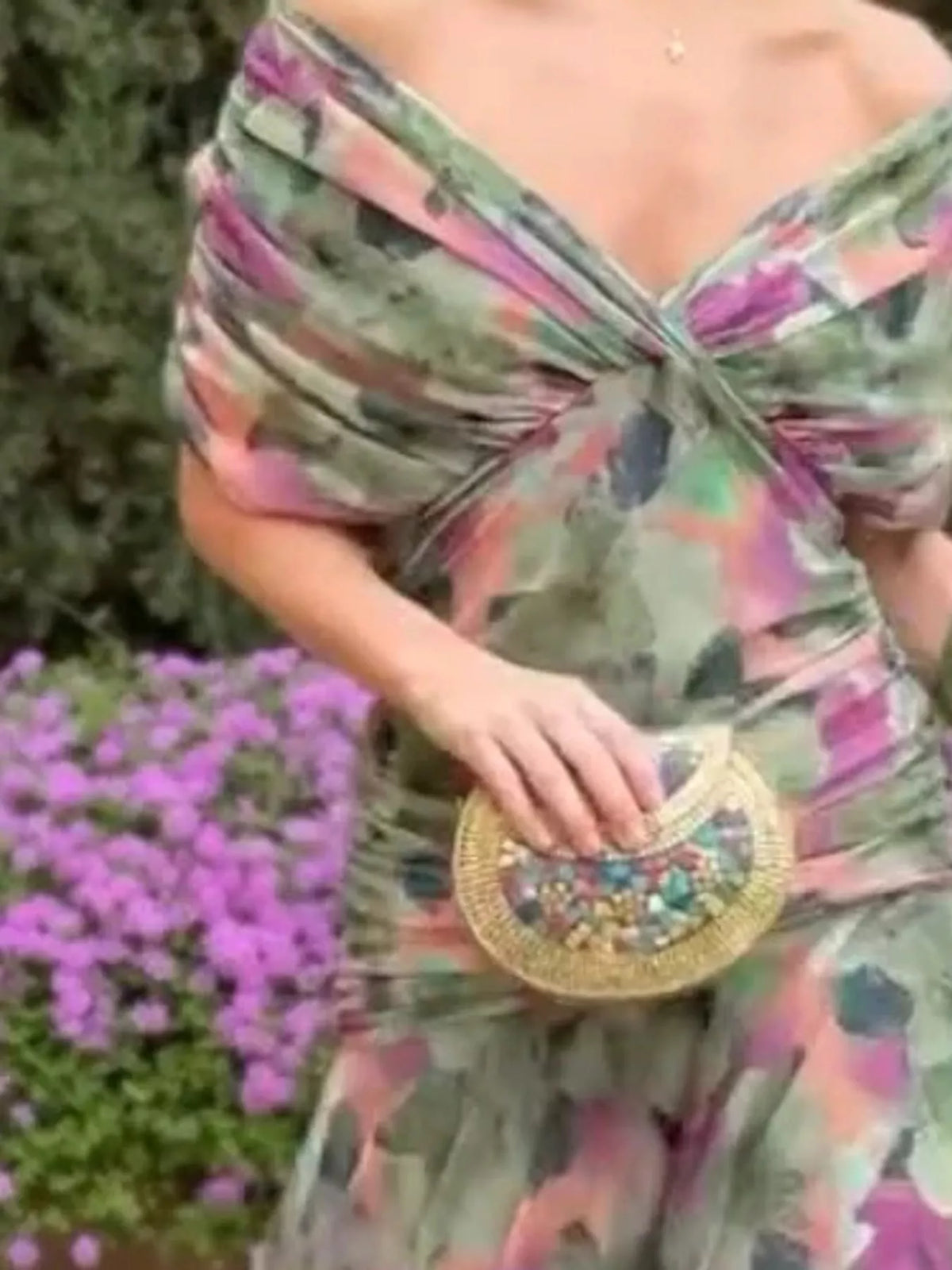 Green ruched dress, detail view