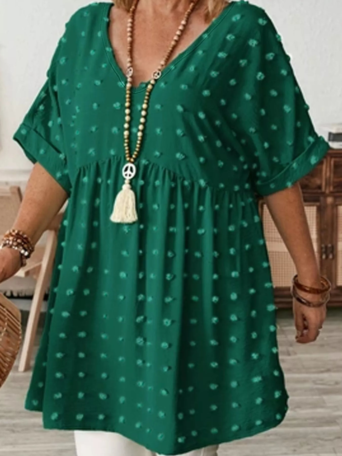 Swiss-dot blouse, dark green front