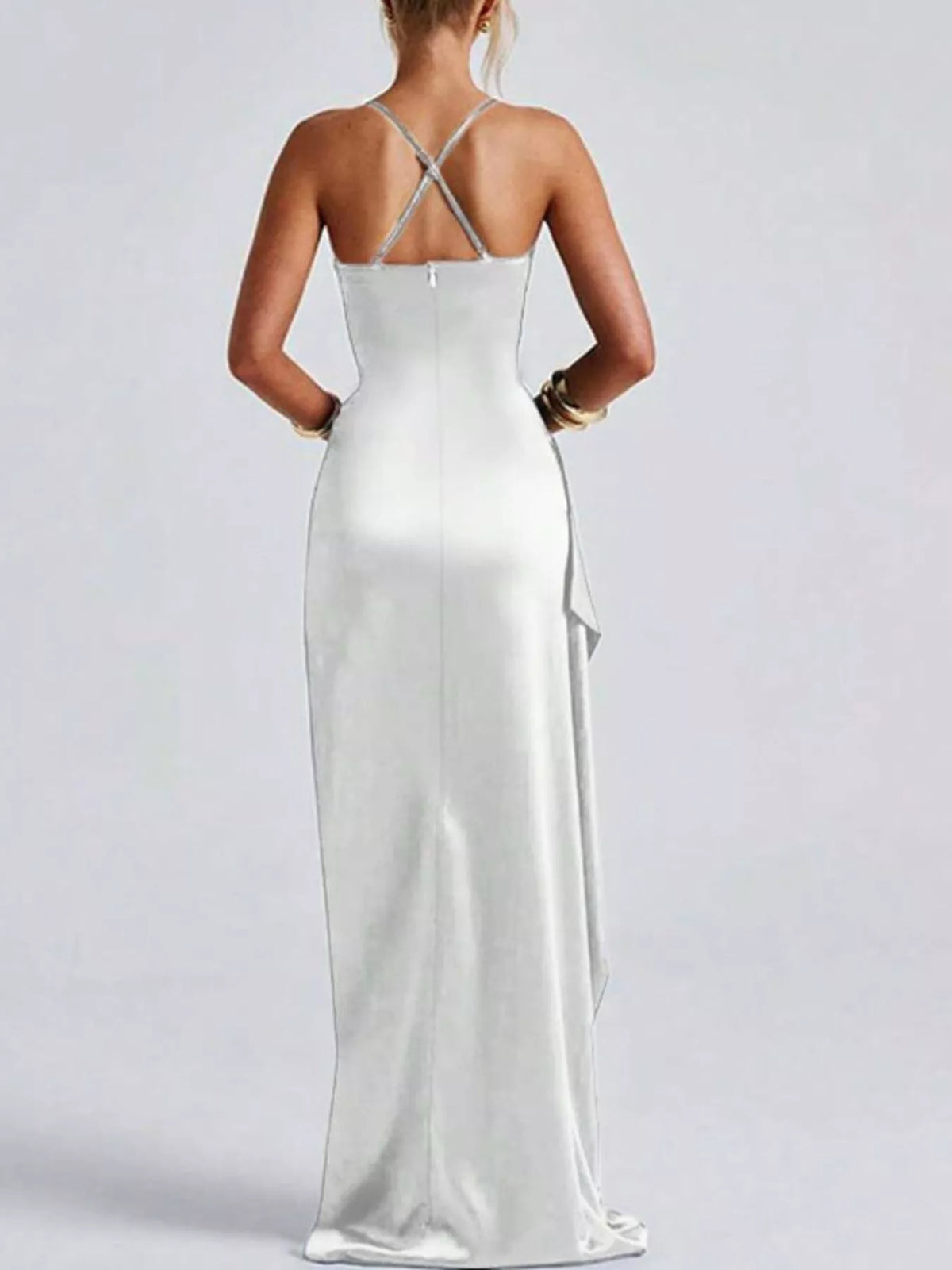 White satin ruched high slit maxi dress, back view
