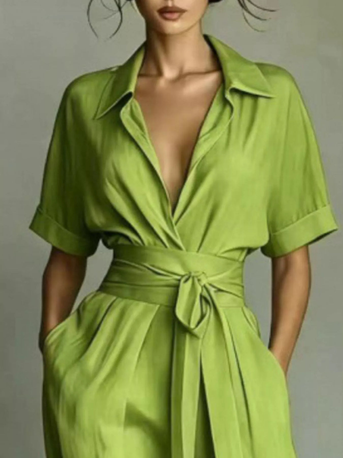 Maxi shirt dress, green neckline detail