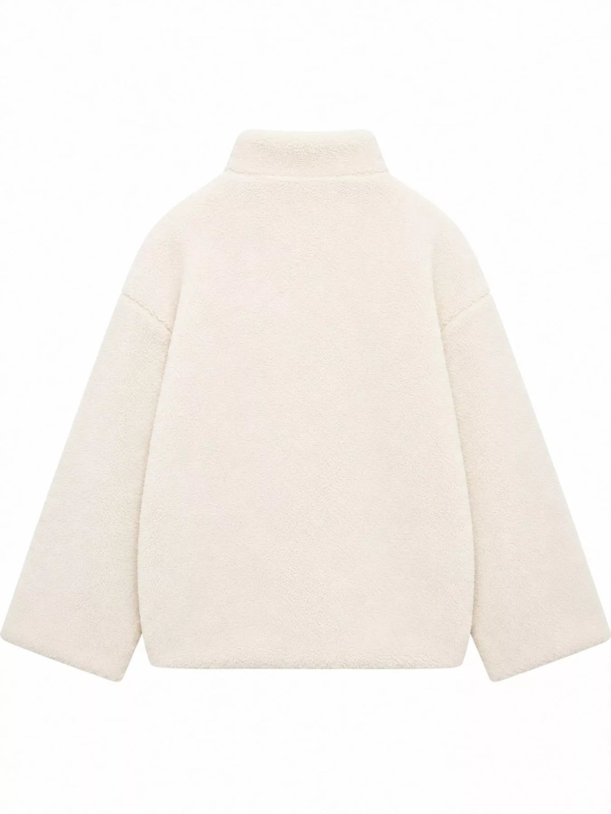 Beige oversized sherpa fleece zip-up jacket, back view