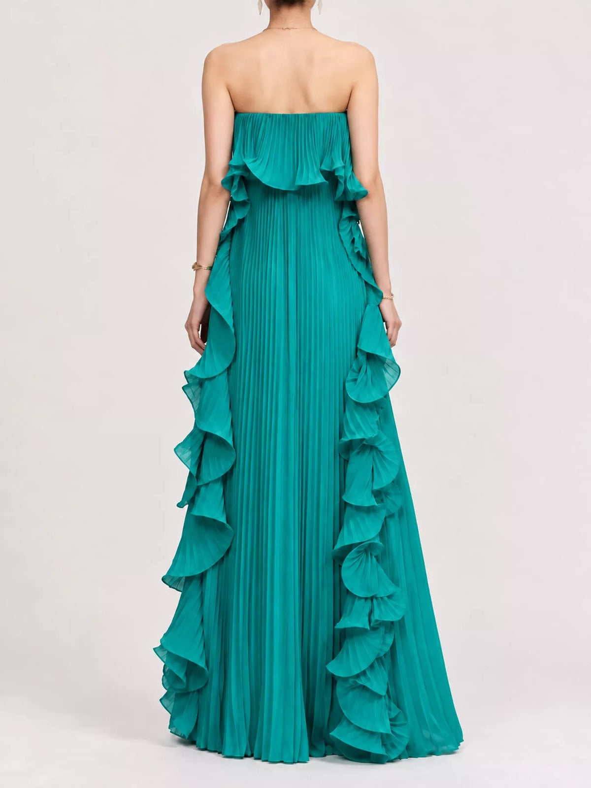 Ruffled Strapless Pleated Maxi Dress — back view