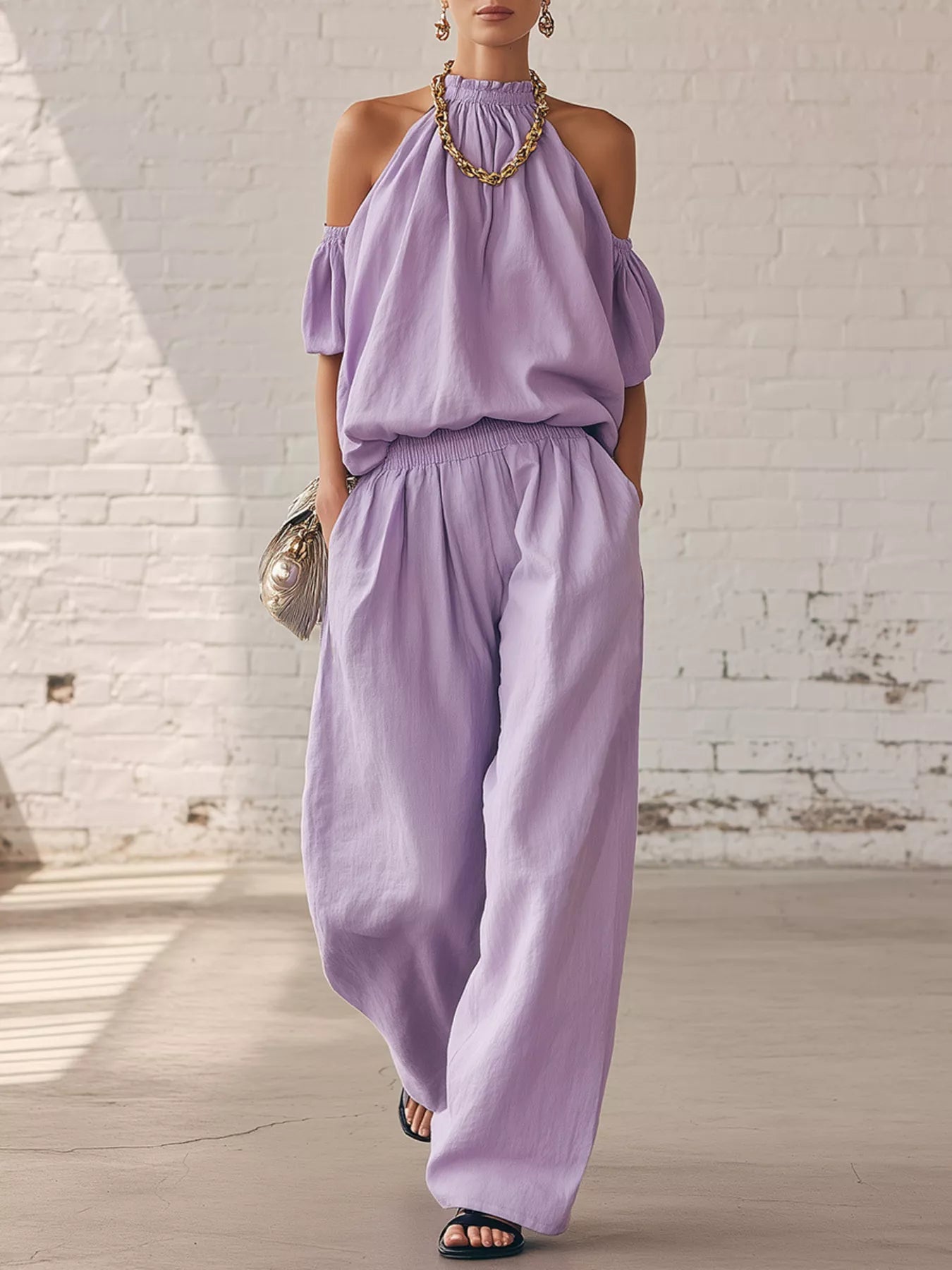 Trendsi Full Size Cold-Shoulder Top and Wide-Leg Pant Set Plus Size -