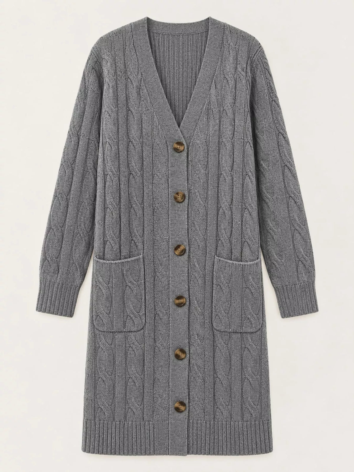 Cable Knit Button-Down Cardigan with Pockets — garment front