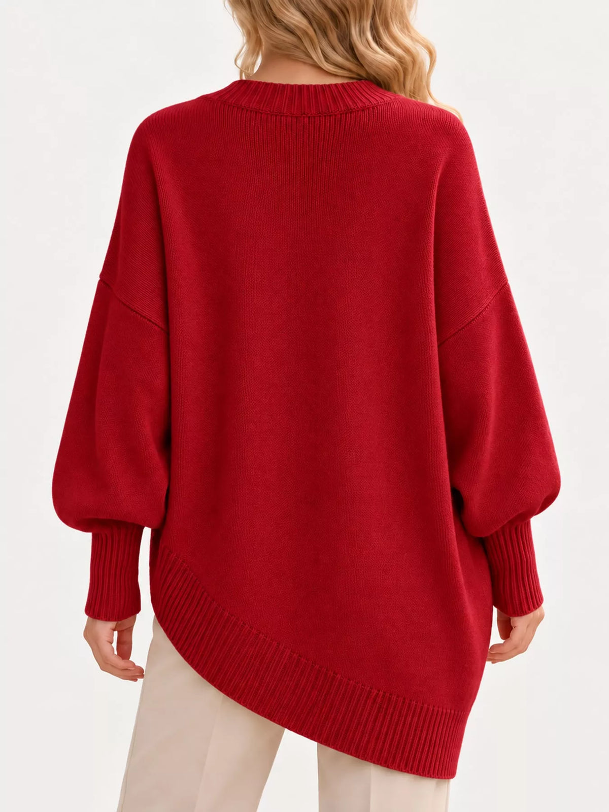 Ribbed Knit Dropped Shoulder Sweater, back view in red