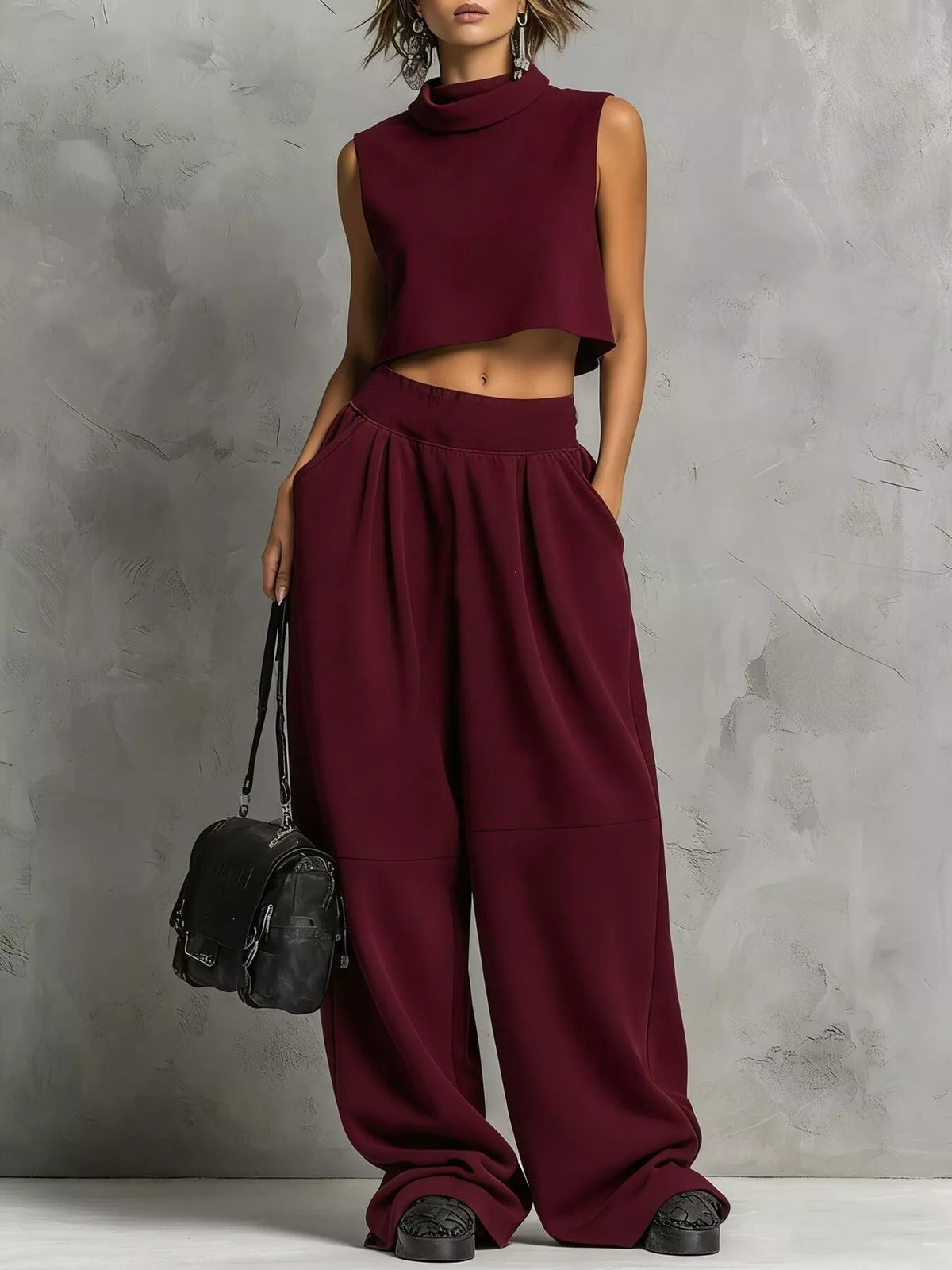 Wine Red Mock Neck Crop Top & Wide-Leg Sweatpants Set front view