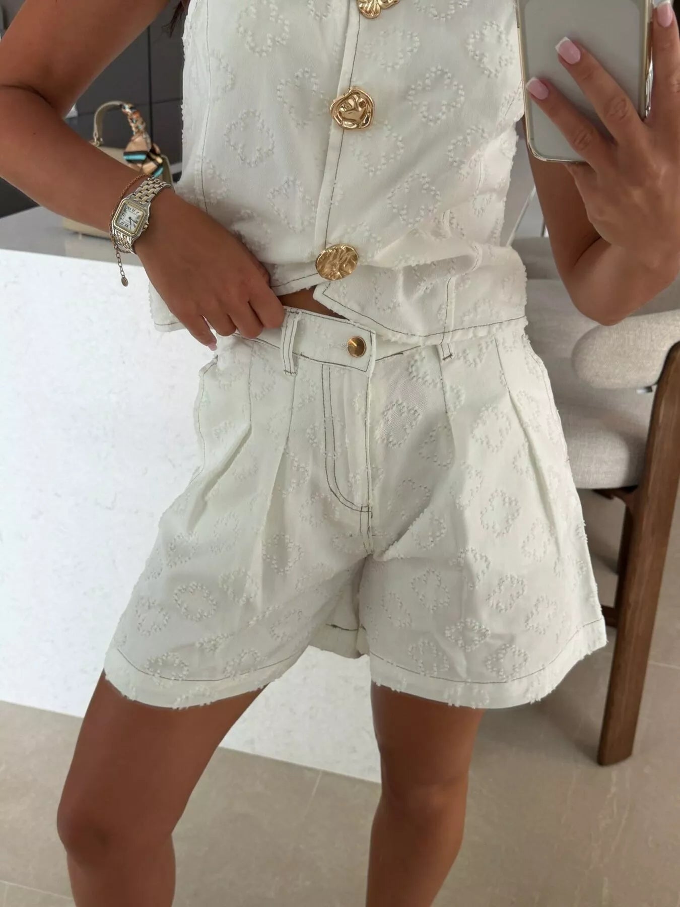 Trendsi Embossed Vest and Shorts Denim Set with Gold-Tone Buttons -