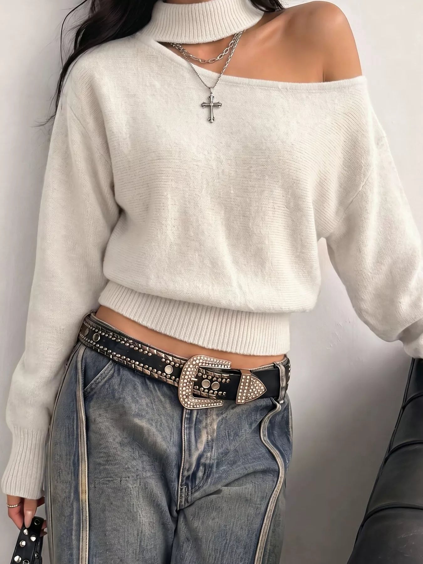 Trendsi Cold-Shoulder Dropped Shoulder Sweater -