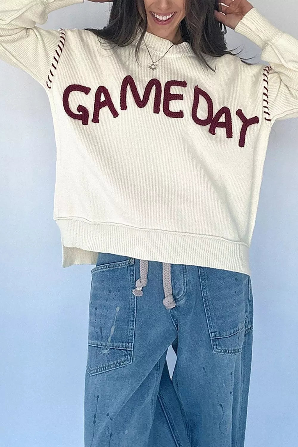 Trendsi Drop Shoulder Game Day Letter Sweater -