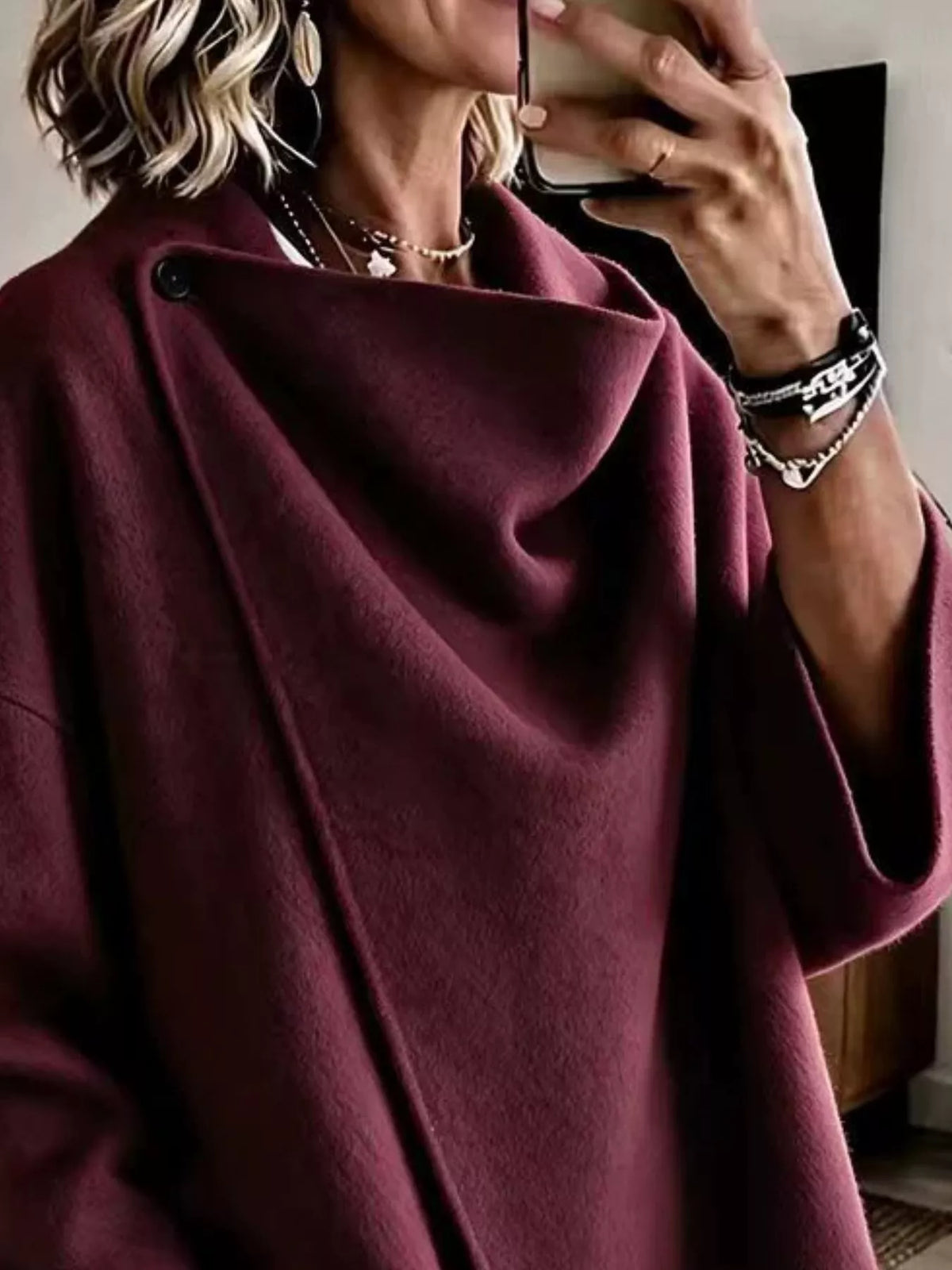 Women's Asymmetric Collar Button Detail Jacket in burgundy — neckline detail view