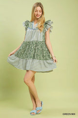 Trendsi Umgee Mix Patchwork Flutter Sleeve Tiered Dress -