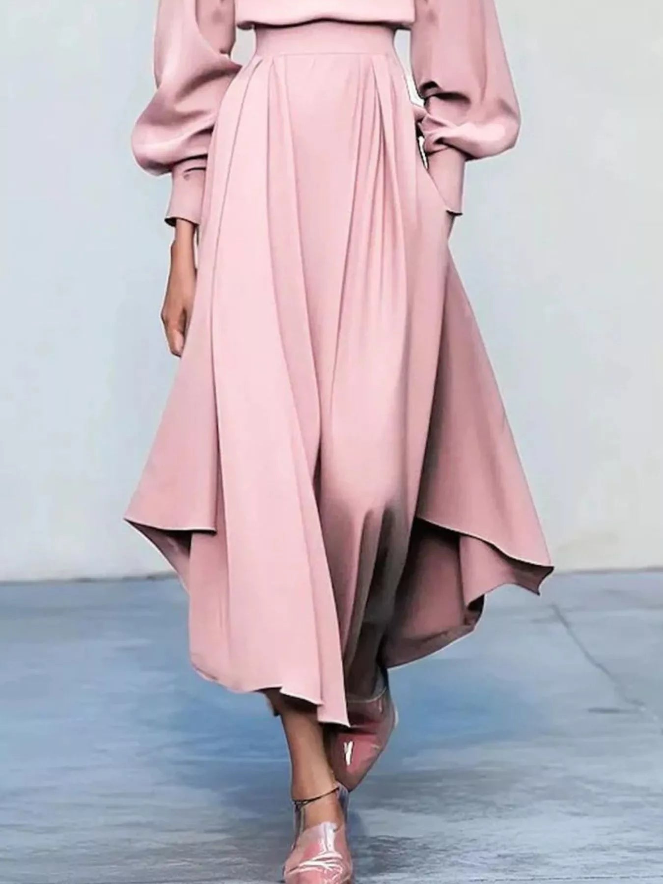 Trendsi Pleated Lantern Sleeve Midi Dress -