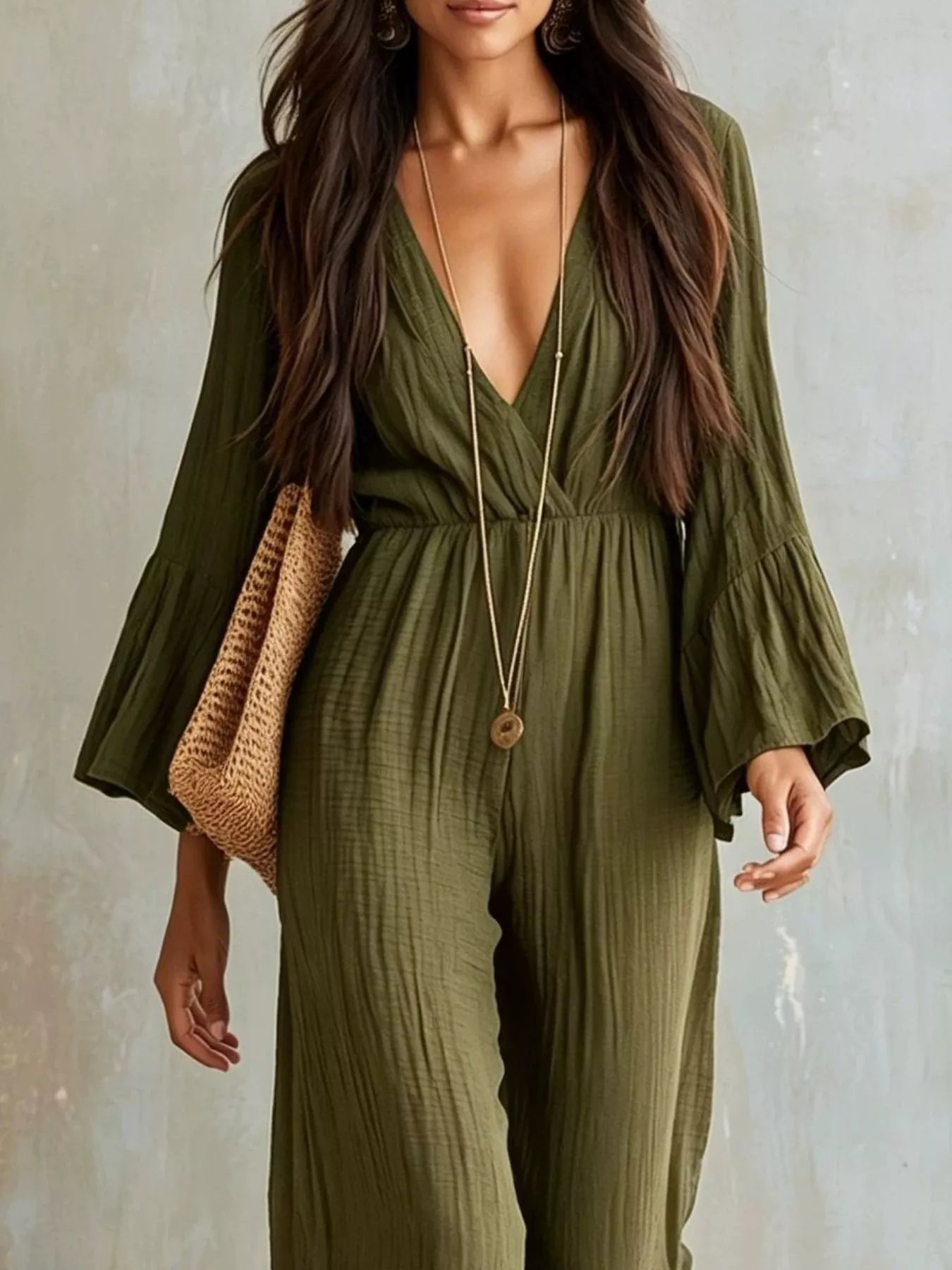 Trendsi Textured Flare Sleeve Jumpsuit -