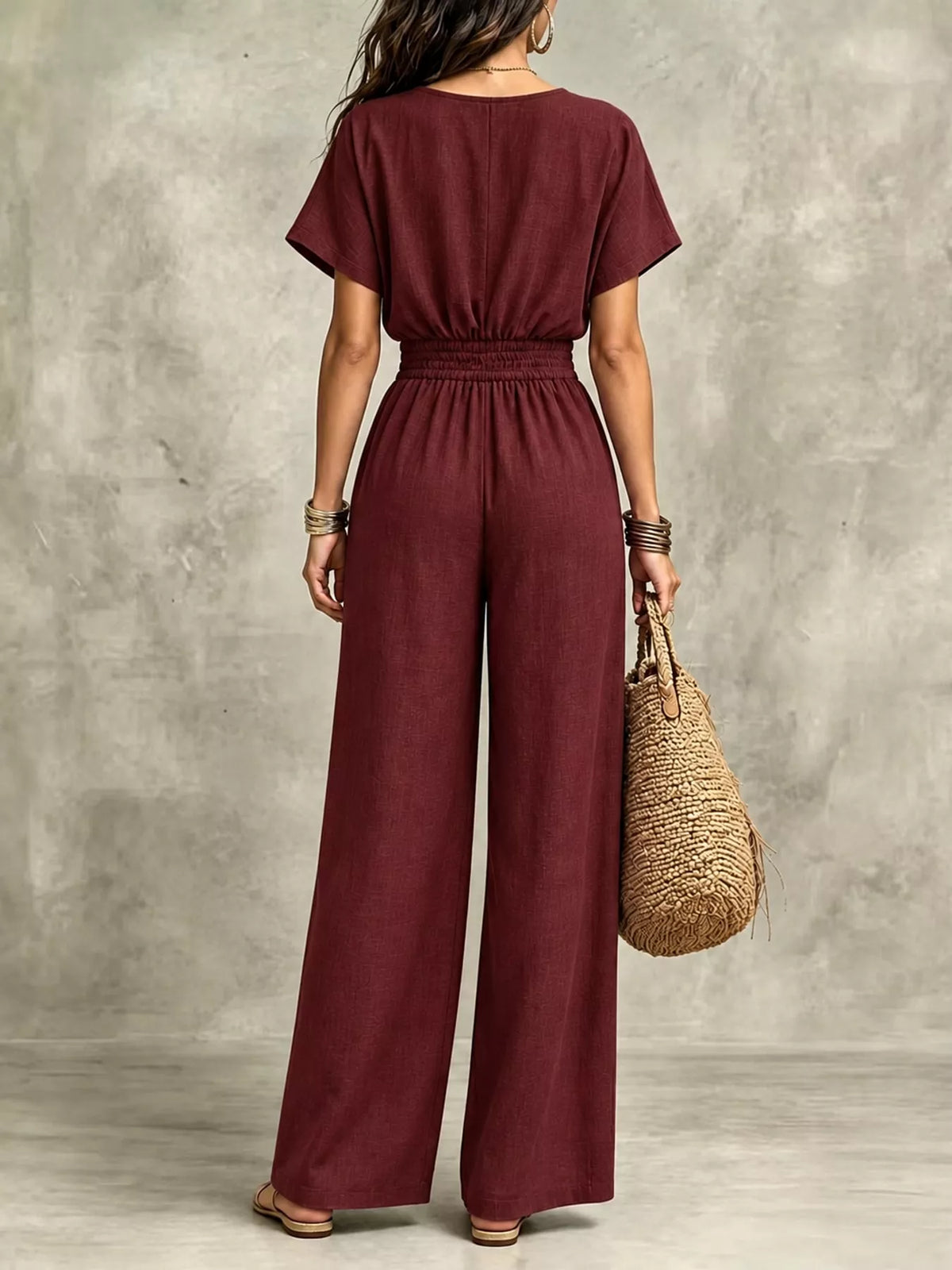 Wide-leg short-sleeve jumpsuit, back view